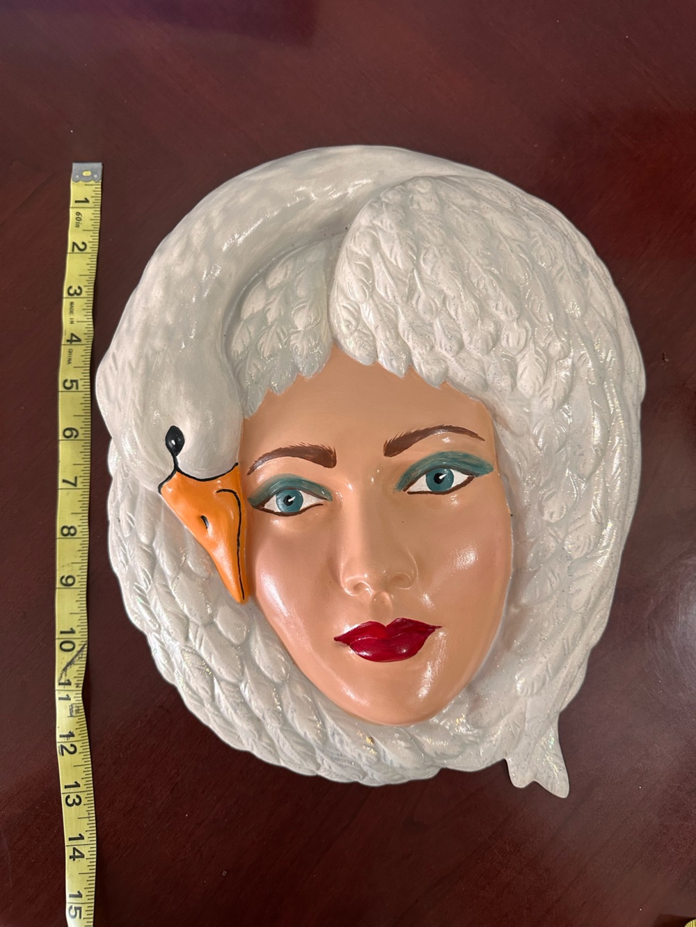 Beautiful Vintage Porcelain Ceramic Woman Face Head with Swan Bird Wall